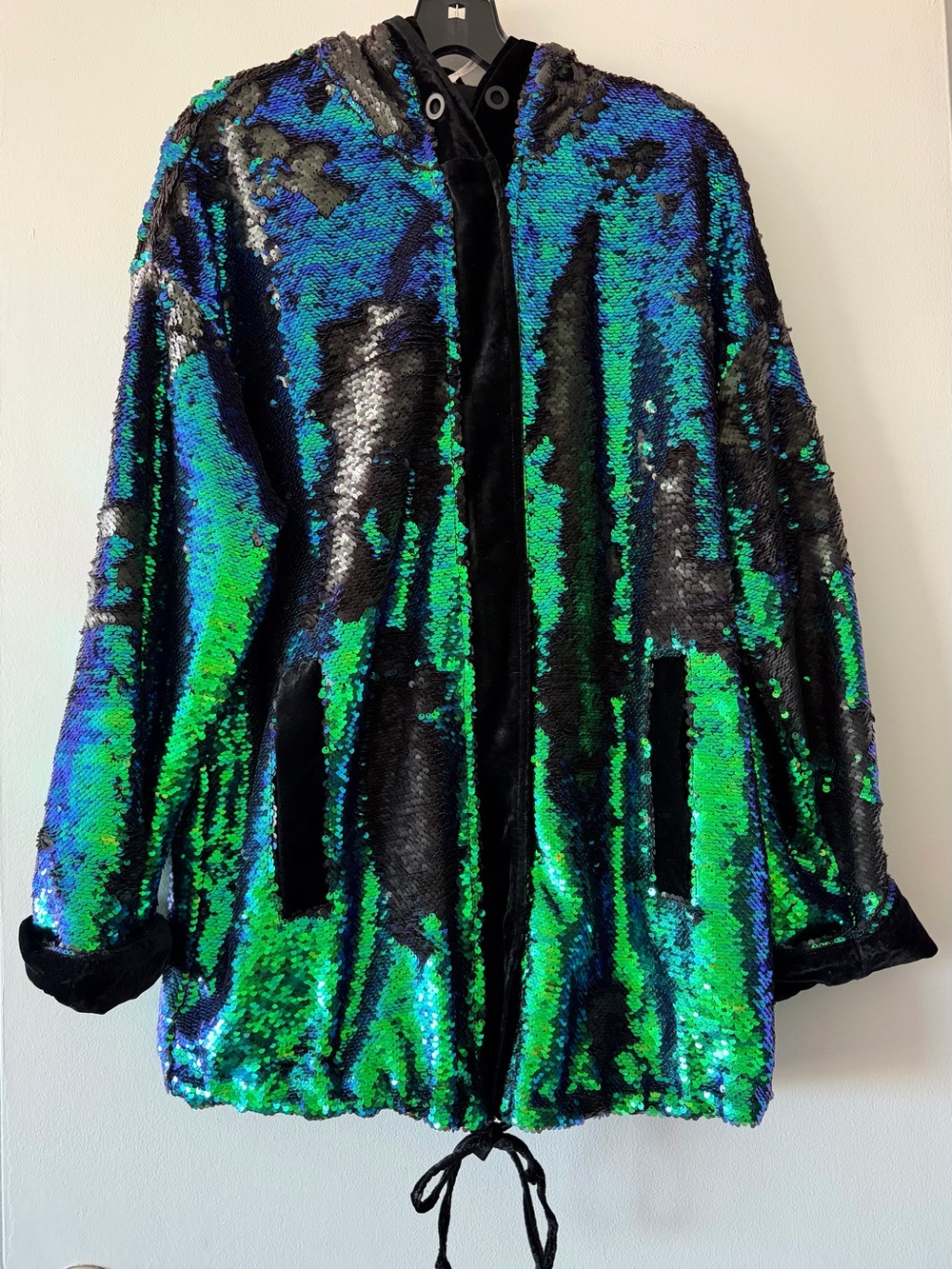 Free People City Lights Sequin Hooded Jacket Green Velvet Peacock Small